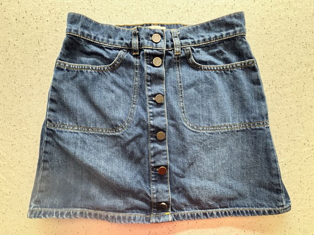 French Connection Denim Mini Skirt US 4 Button Front Patch Pockets Blue A-Line